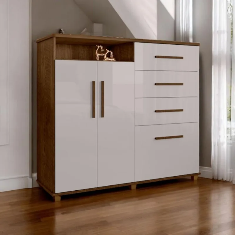 Cômoda Helena 4 Gavetas e 2 Portas em MDF Malbec e Off White com Puxadores Malbec