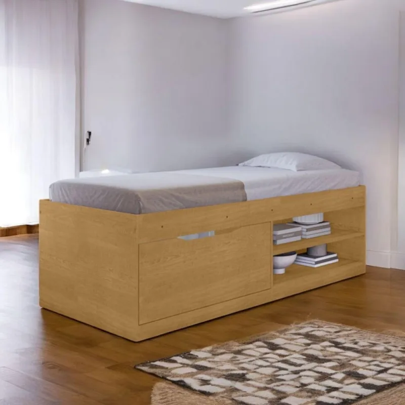 Cama Box Solteiro Penélope com Colchão com Sapateira Marrom Naturalle - Naturalle