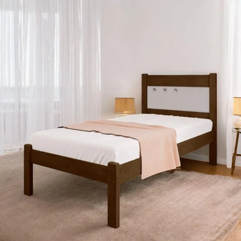 Cama Solteiro Berli com Colchão em MDF-MDP Marrom Malbec e Off White Malbec
