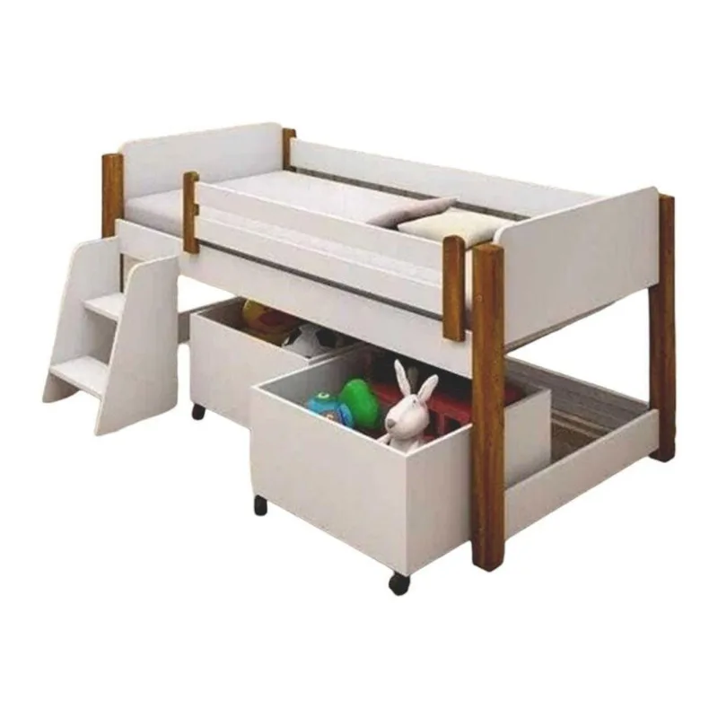 Cama Solteiro Naty com Colchão Nichos e Escadinha MDF Branco-mel Naty Flora Cosméticos