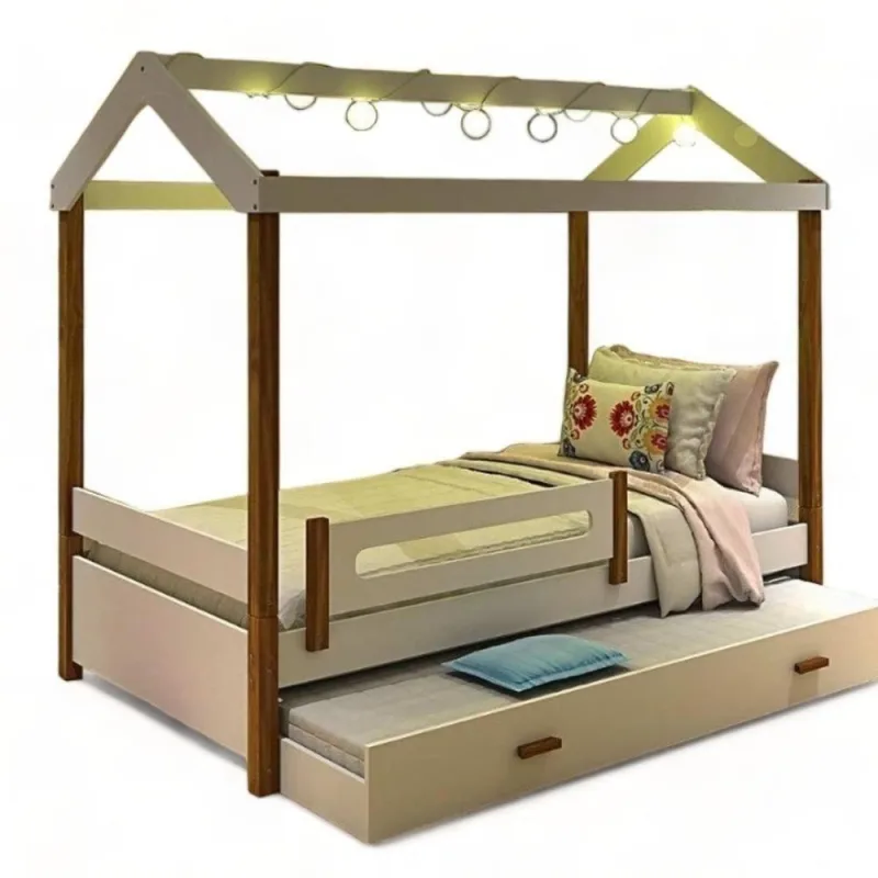 Cama Solteiro Eliz com LED e Cama Auxiliar MDF Branca Movelaria Decor - OUTRAS