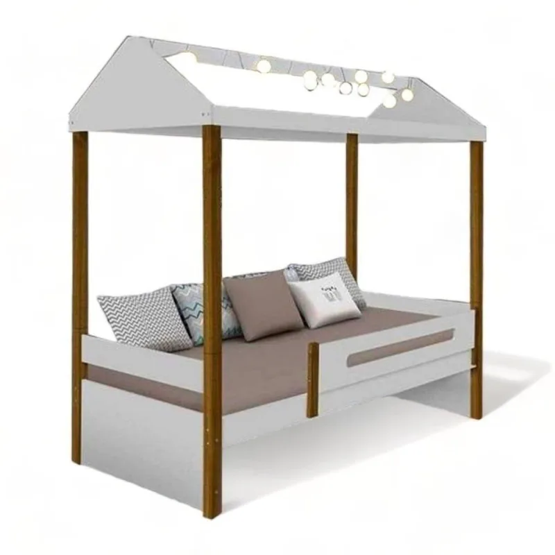 Cama Solteiro Casa Sara com Led MDF Branco Divaloto Móveis - OUTRAS