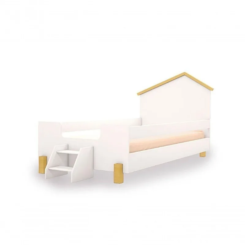 Cama Solteiro Ayla com Colchão Escada e Proteção Branco e Mel Ayla