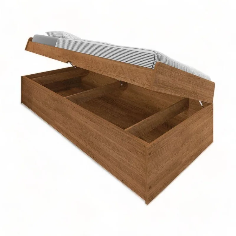 Cama Box Solteiro Camila Baú com Colchão Espuma Marrom com Pistões a Gás Naturale