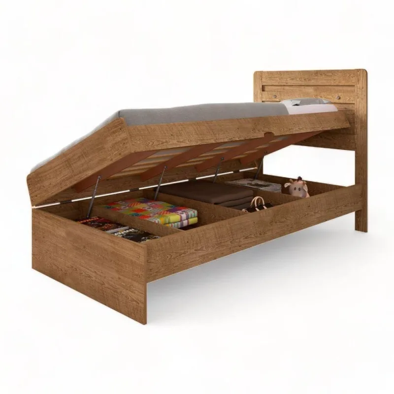 Cama Box com Baú Solteiro Larissa com Colchão Marrom Naturale Framar - Naturale - Móveis