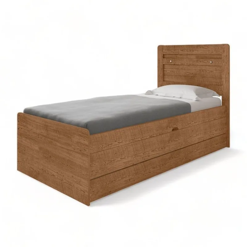 Cama Baú Solteiro Larissa com Auxiliar em MDF Marrom Naturale - Naturale - Móveis