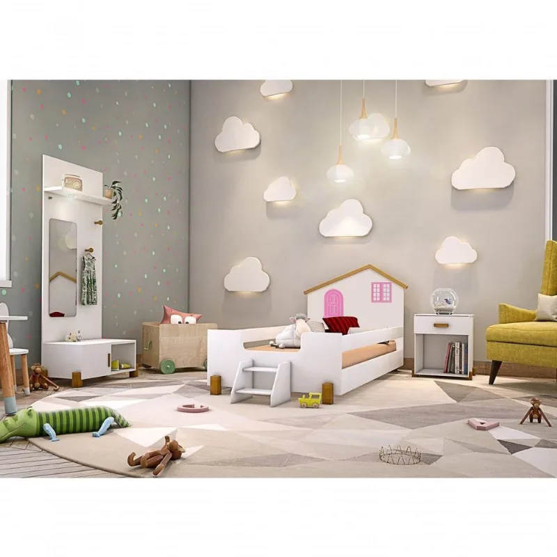 Cama Solteiro Belíssima com 2 Luminárias e Colchão MDF Branco Divaloto Móveis
