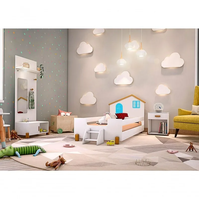 Cama Solteiro Belíssima com Luminárias Mdf Branco e Azul Divaloto Móveis - OUTRAS - Móveis