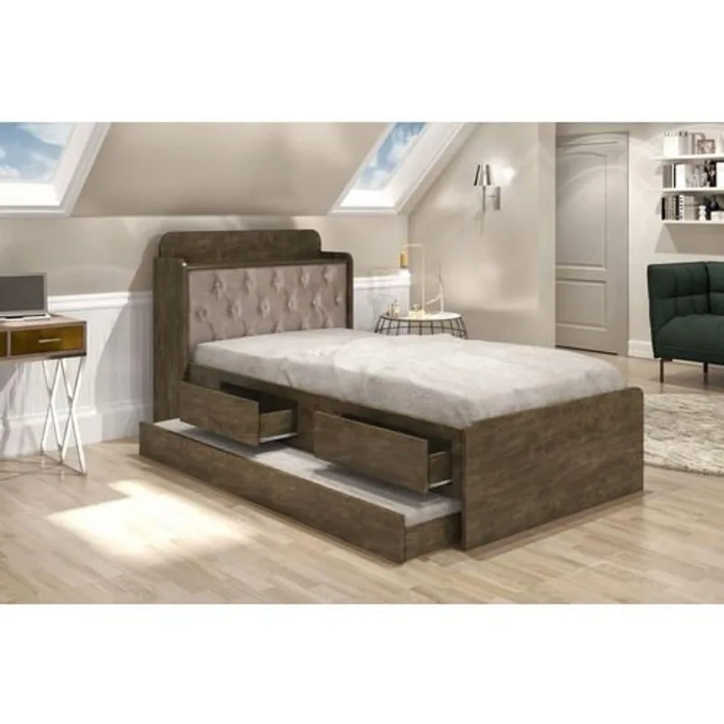 Cama Bibox 0,90 Tamires com Capitonê com Dois Colchões Castanho Wood Cambel Móveis