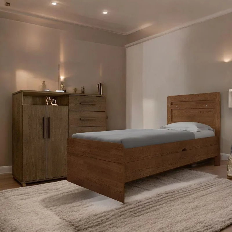 Conjunto Cama Box com Colchão e Cômoda Solteiro 88x188cm Marrom Malbec