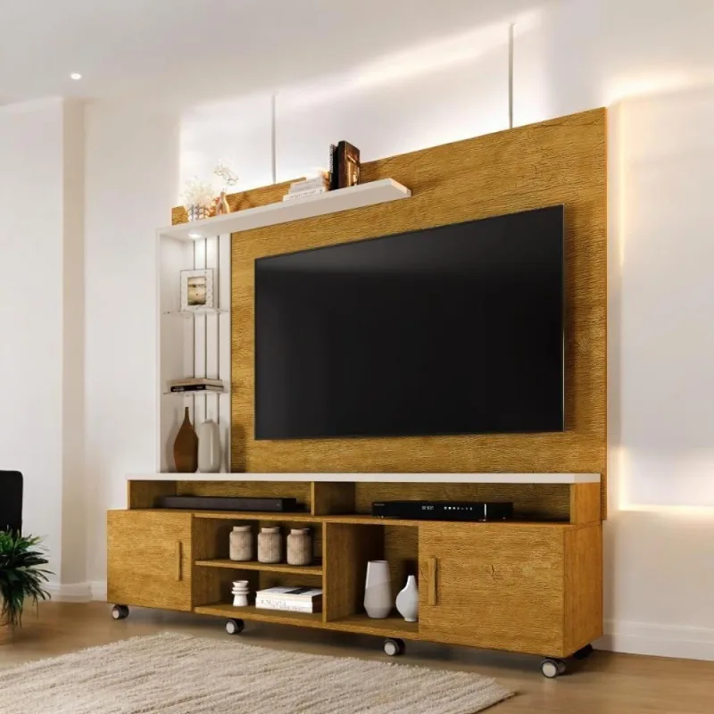 Home Theater Wave para Tvs Até 65 180cm em MDF MDP com LED Naturalle e Off White Carmolar Móveis - OUTRAS