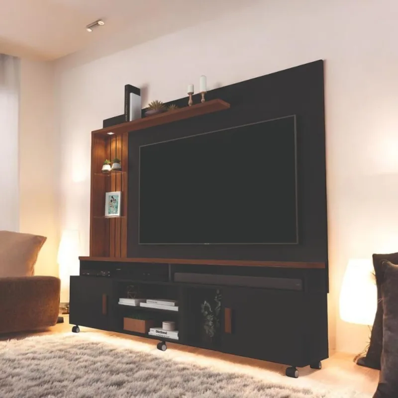 Home Theater Wave para Tvs Até 65 180cm MDF MDP com Iluminação LED Preto e Canela Carmolar Móveis - OUTRAS