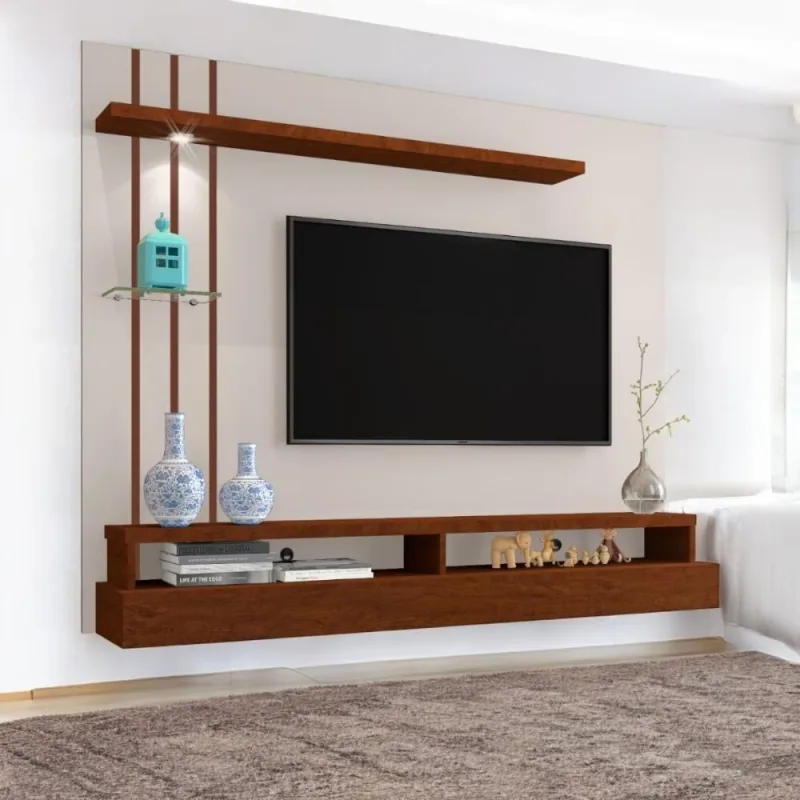 Painel para TV Apolo Até 55 160cm MDF MDP com LED Off White e Canela Carmolar Móveis - OUTRAS - Móveis