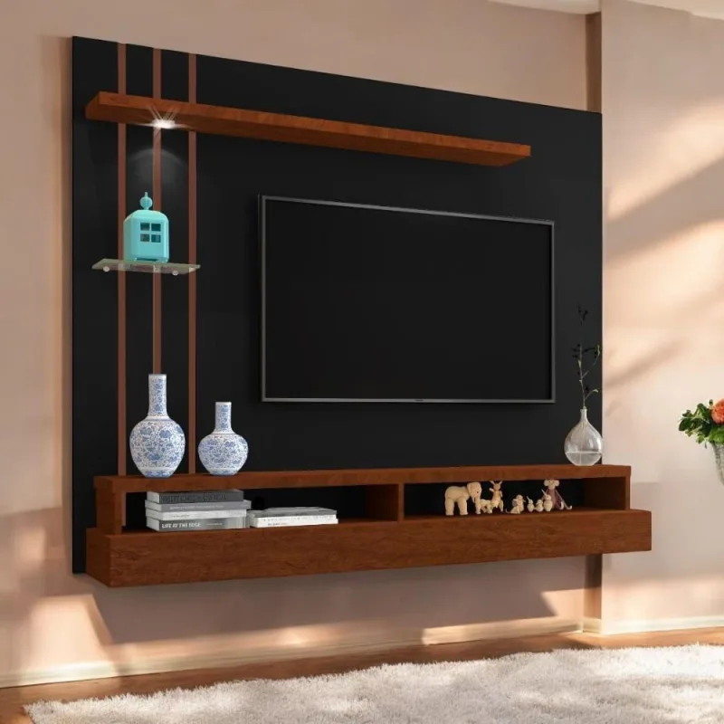 Painel para Tvs Até 55 Apolo 160cm em MDF MDP com Iluminação LED Preto e Canela Carmolar Móveis - OUTRAS - Móveis