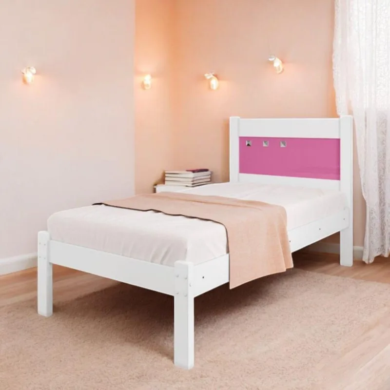 Cama Solteiro Berli Sofisticada com Colchão MDF-MDP Branco e Rosa Cabeceira Flex