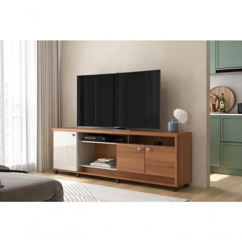 Bancada Dallas Suporte Para Tvs C/ 3 Portas E Nichos - Jequitiba/off White Perolizado - lukaliam móveis