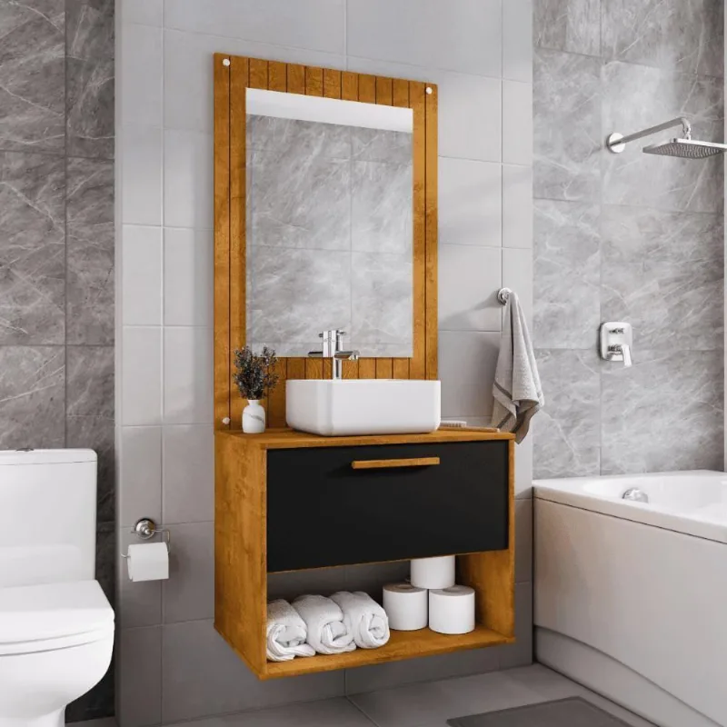 Conjunto Gabinete Com Espelheira Para Banheiro Zenit Naturalle Preto Fosco