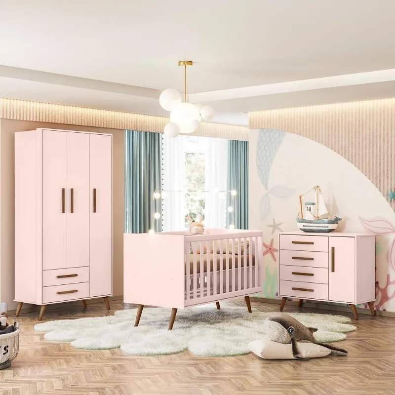 Conjunto Infantil Retrô Rosa Quasar: Berço Quasar Mini Cama + Guarda-roupa Quasar + Cômoda Quasar