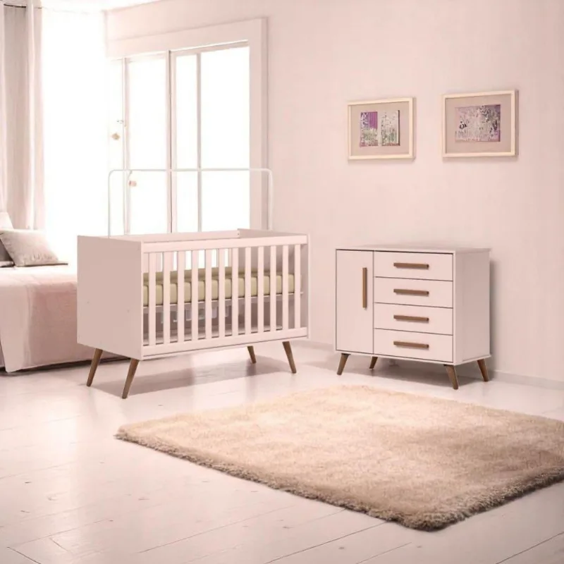 Conjunto Infantil Retrô Rosa Quasar: Berço Quasar Mini Cama + Cômoda Diana
