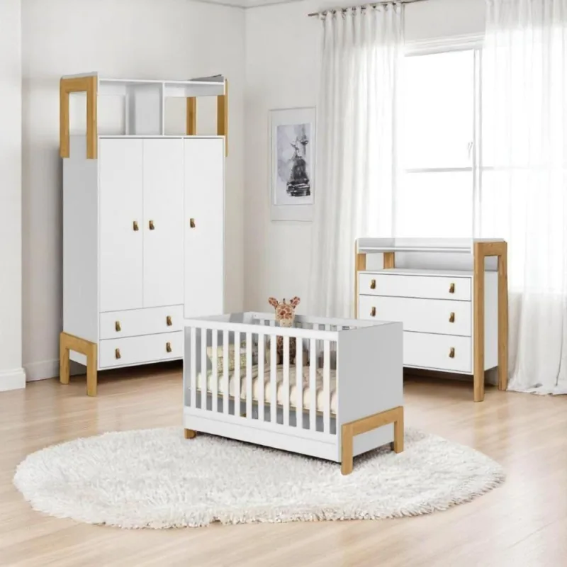 Conjunto Infantil Fantasia Branco Acetinado Berço Mini Camacômodaguarda-roupa 3 Portas 2 Gavetas - Qmovi
