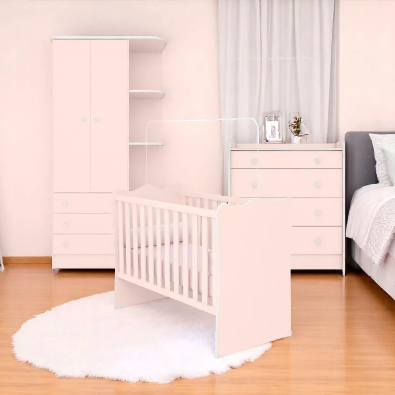 Conjunto de Quarto Infantil Aurora com Berço Cômoda e Guarda-Roupa 2 Portas 4 Gavetas MDP Rosa Qmovi - Qmovi