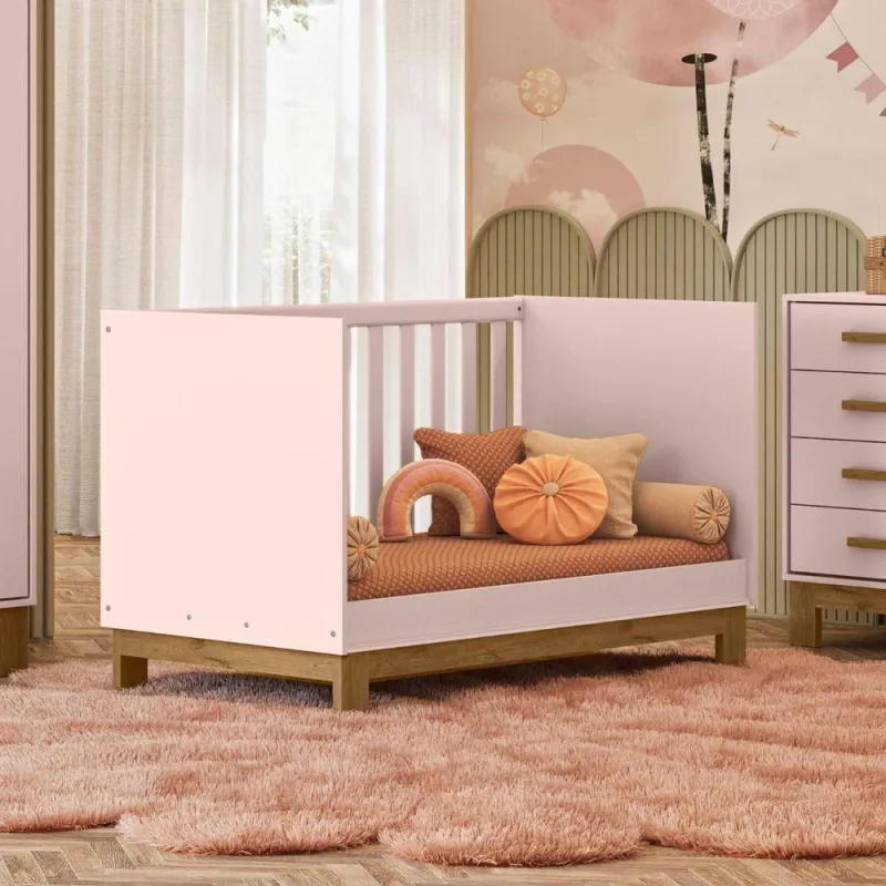 Berço Multifuncional Mini Cama Luar em MDP Rosa Acetinado para Quarto de Bebê Qmovi - Qmovi - Bebês