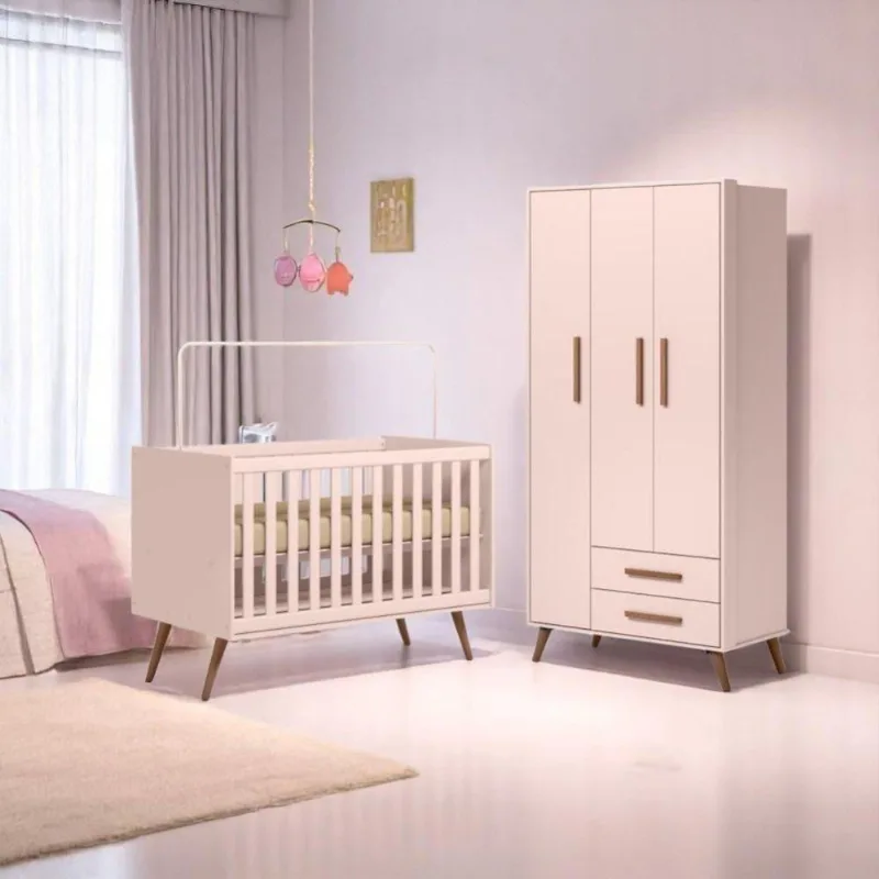 Conjunto Infantil Retrô Rosa Quasar Berço Quasar Mini Cama + Guarda-roupa Mari