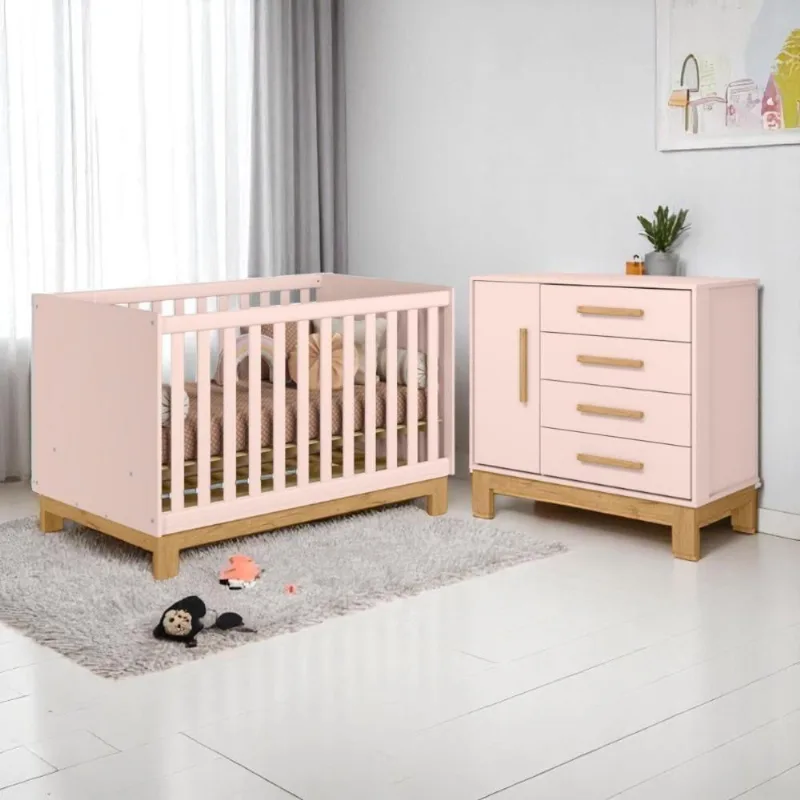 Conjunto Infantil Encanto Slim Rosa Acetinado Berço Encanto Slim Mini Cama + Cômoda Encanto Slim