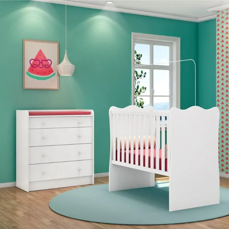 Conjunto Infantil Doce Sonho Branco: Berço Doce Sonho + Cômoda Com Trocador E 4 Gavetas