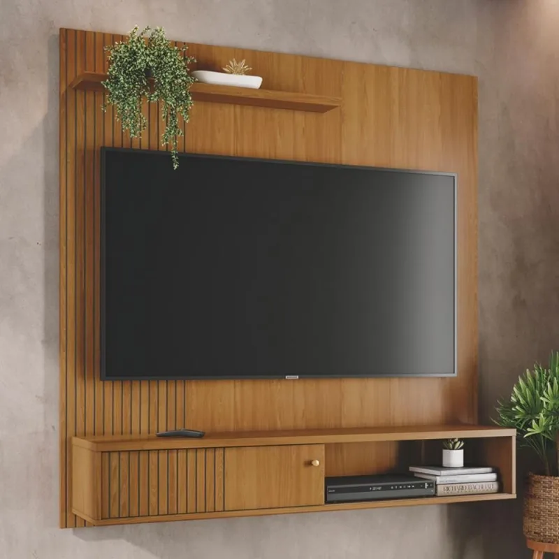 Conjunto Painel com Bancada Suspensa e Mesa de Centro Indianapolis para Tv 65 MDP Cumaru e Opala - madetec moveis