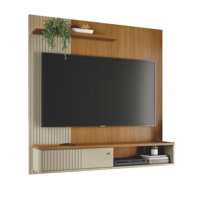 Conjunto Painel com Bancada Suspensa e Mesa de Centro Indianapolis para Tv 65 Polegadas Cumaru-opala - madetec moveis - Móveis