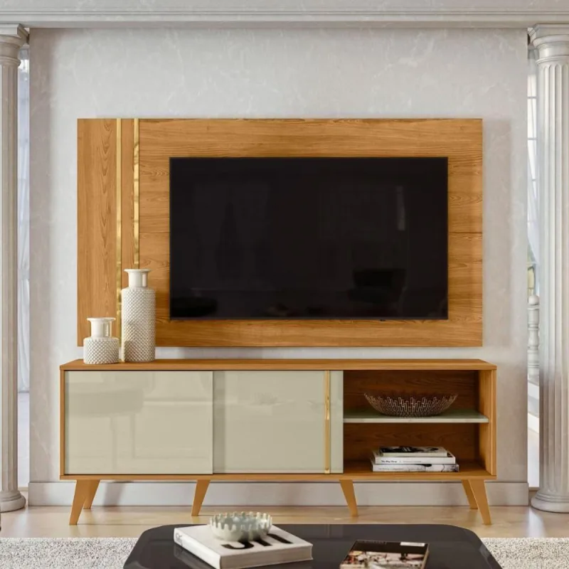 Conjunto édio Rack 2 Portas Com Painel Cumaru/opala Com Rack E Painel - madetec moveis - Móveis