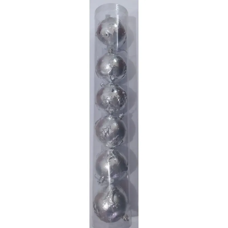 Enfeite Bola Natalina Estampada Prata 8cm com6
