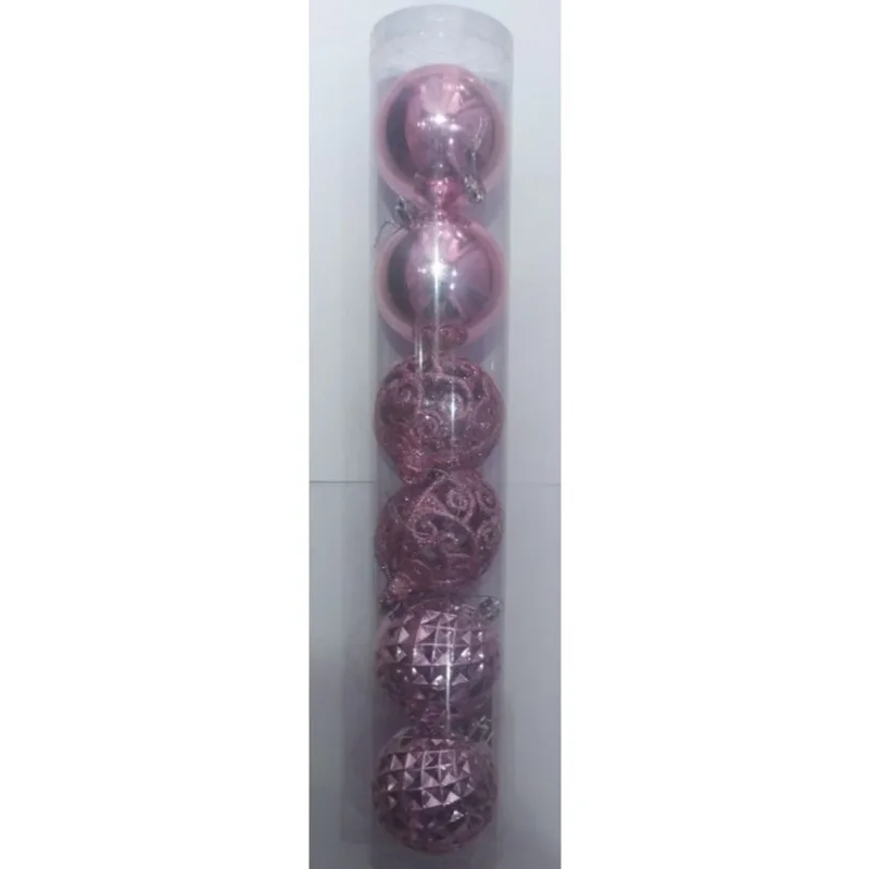 Enfeite Bola Natalina Craquelada Lisa Glitter Rosa 8cm com6