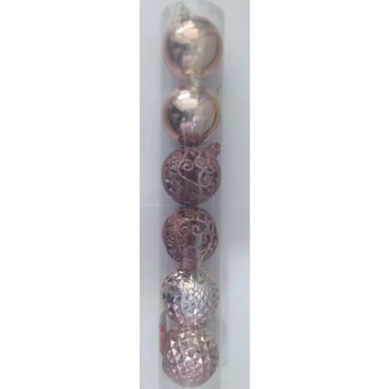Enfeite Bola Natalina Craquelada Lisa Glitter Rosê 8cm com6