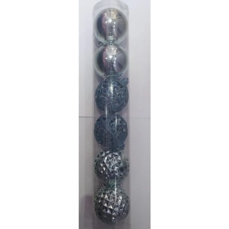 Enfeite Bola Natalina Craquelada Lisa Glitter Azul Claro 8cm com6