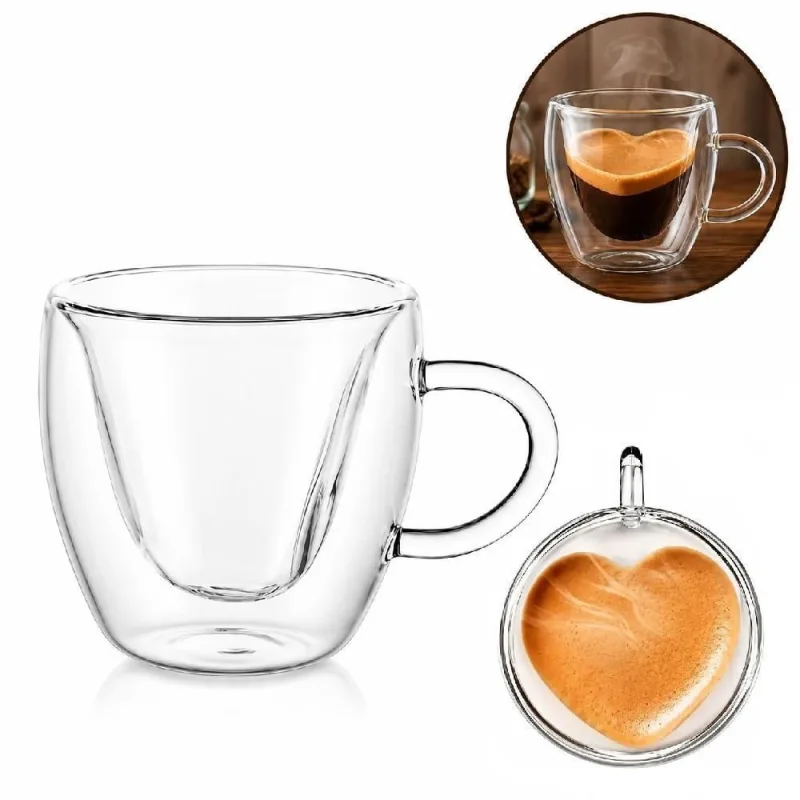 Xícara Coração 260ml Vidro Borossilicato Parede Dupla Isolamento Térmico Café Chá Transparente Yeet - OUTRAS