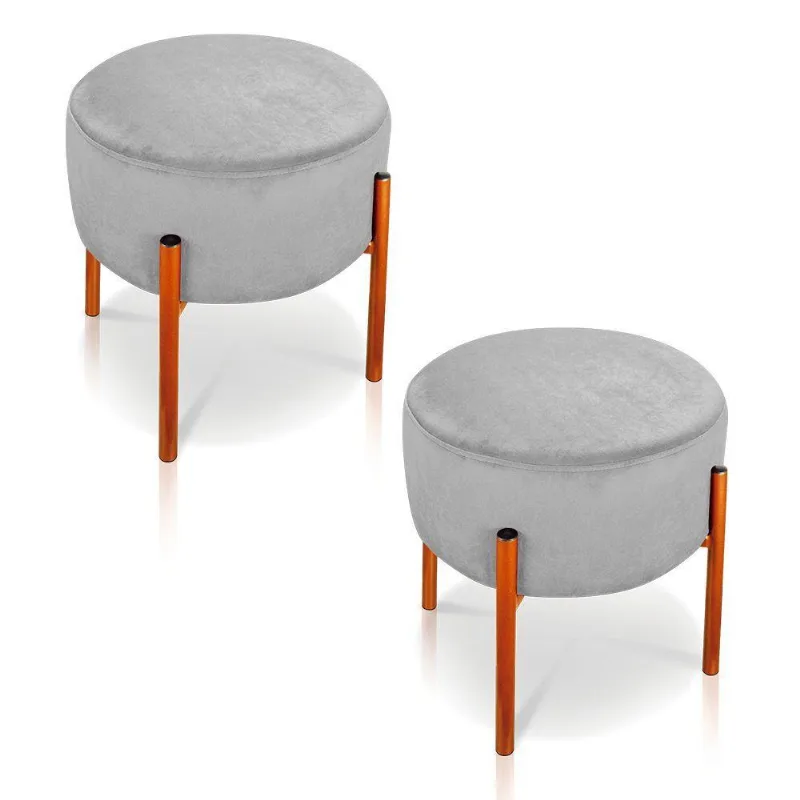 Kit 02 Puffs Iron Suede Cinza Base Metálica Cobre - D´rossi - DRossi