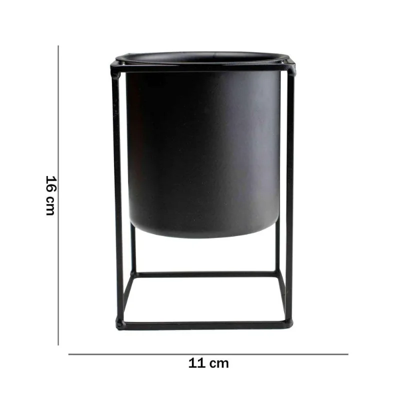 Vaso Preto Com Suporte Em Metal 16x11cm