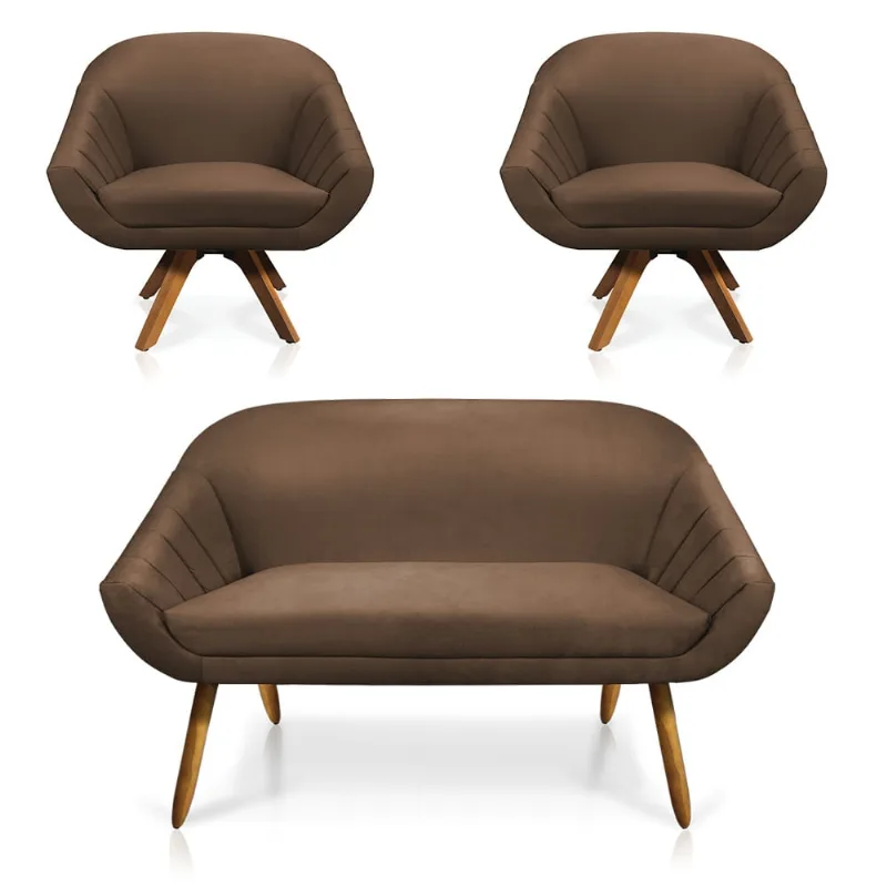 Kit 01 Namoradeira 02 Lugares e 02 Poltronas Giratória Giovana Suede Marrom Base Madeira MM30 - D'Rossi