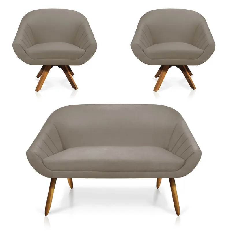 Kit 01 Namoradeira 02 Lugares e 02 Poltronas Giratória Giovana Suede Marrom Rato Base Madeira MM30 - D'Rossi