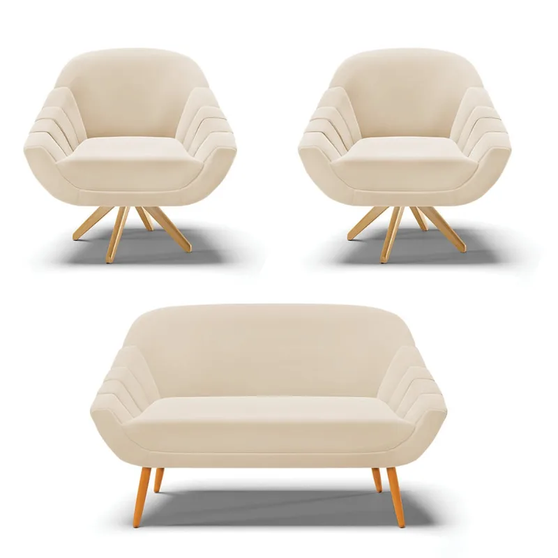 Kit 01 Namoradeira 02 Lugares e 02 Poltronas Giratória Giovana Suede Bege Base Madeira MA30 - D'Rossi