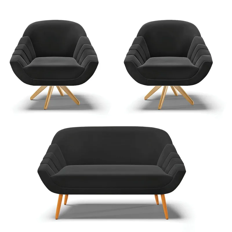 Kit 01 Namoradeira 02 Lugares e 02 Poltronas Giratória Giovana Suede Preto Base Madeira MA30 - D'Rossi