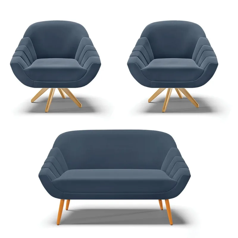 Kit 01 Namoradeira 02 Lugares e 02 Poltronas Giratória Giovana Suede Base Madeira MA30 - D'Rossi Azul Marinho
