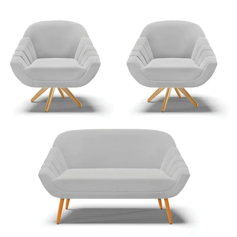 Kit 01 Namoradeira 02 Lugares e 02 Poltronas Giratória Giovana Suede Base Madeira MA30 - D'Rossi Cinza