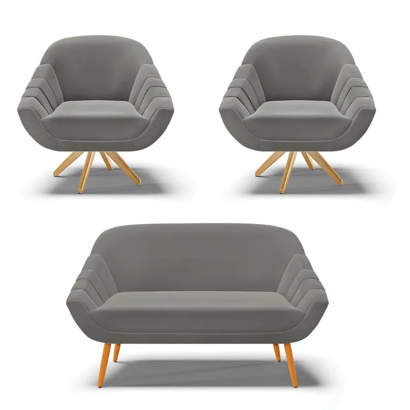 Kit 01 Namoradeira 02 Lugares e 02 Poltronas Giratória Giovana Suede Base Madeira MA30 - D'Rossi Grafite