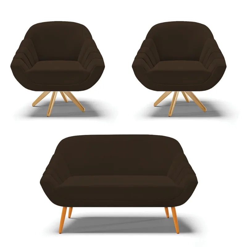 Kit 01 Namoradeira 02 Lugares e 02 Poltronas Giratória Giovana Suede Base Madeira MA30 - D'Rossi Marrom
