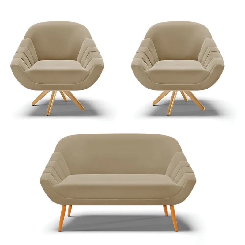 Kit 01 Namoradeira 02 Lugares e 02 Poltronas Giratória Giovana Suede Base Madeira MA30 - D'Rossi Marrom Rato