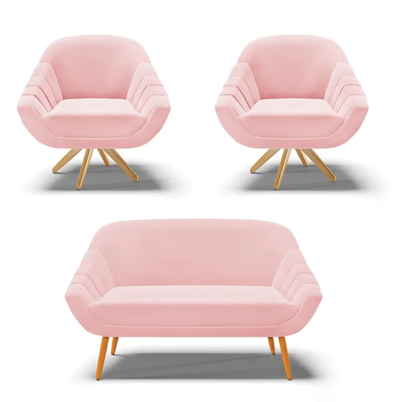 Kit 01 Namoradeira 02 Lugares e 02 Poltronas Giratória Giovana Suede Base Madeira MA30 - D'Rossi Rosa Bebê