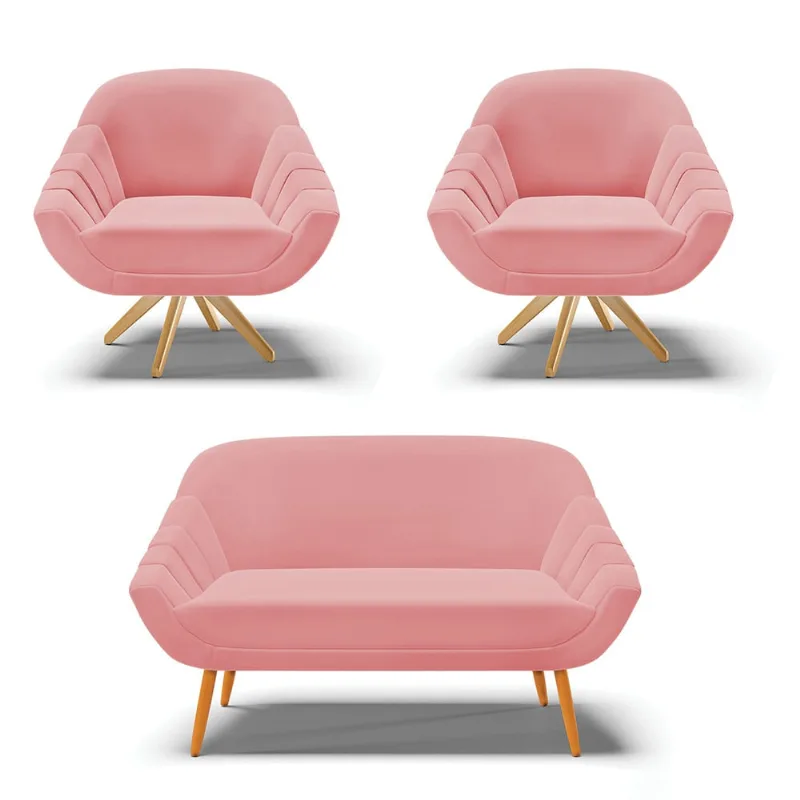 Kit 01 Namoradeira 02 Lugares e 02 Poltronas Giratória Giovana Suede Base Madeira MA30 - D'Rossi Rose